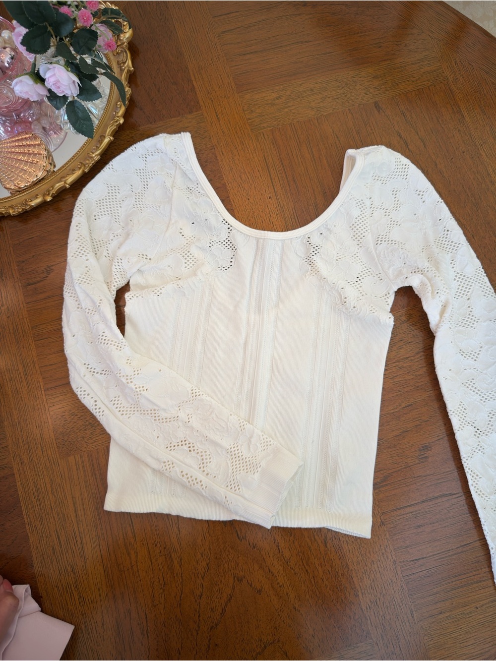 Urban Outfitters White Lace-Detail Long Sleeve Scoop Top - Size S